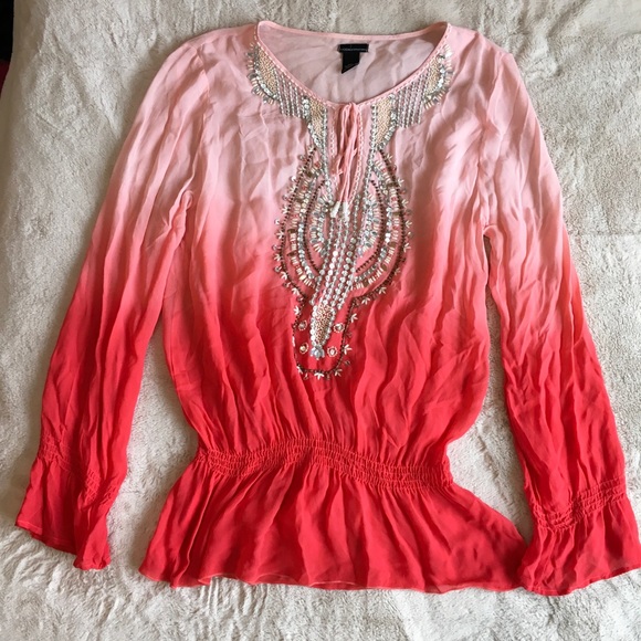 Moda International Tops - Moda International Pink Ombré Beaded Embellished Blouse